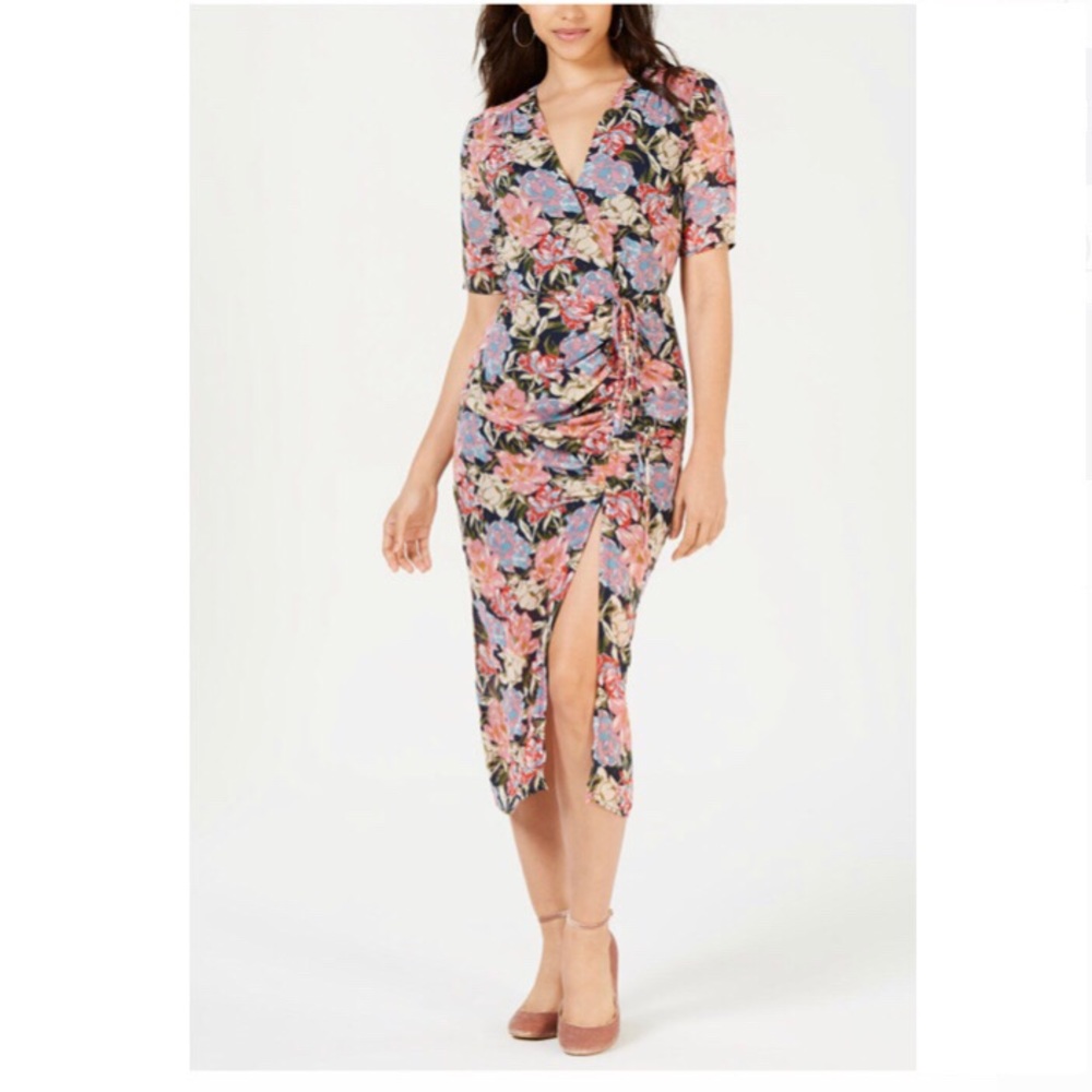 LEYDEN Navy Ruched Floral Short Sleeve Dress